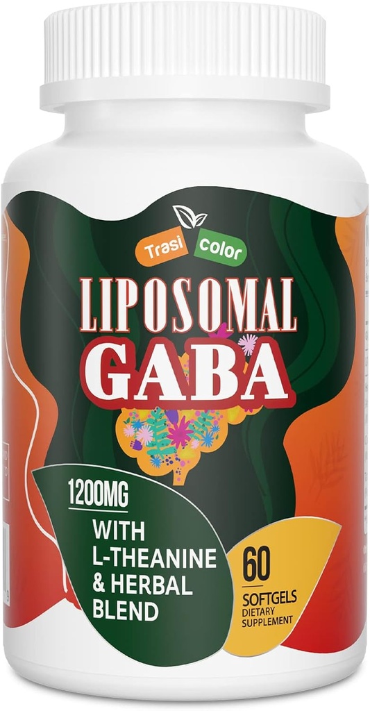 Liposomal GABA with L-Theanine Supplements 1200mg - High Absorption GABA Complex with Ashwagandha, Chamomile, Tart Cherry Herbal Supplements for Men and Women, 60 Softgels