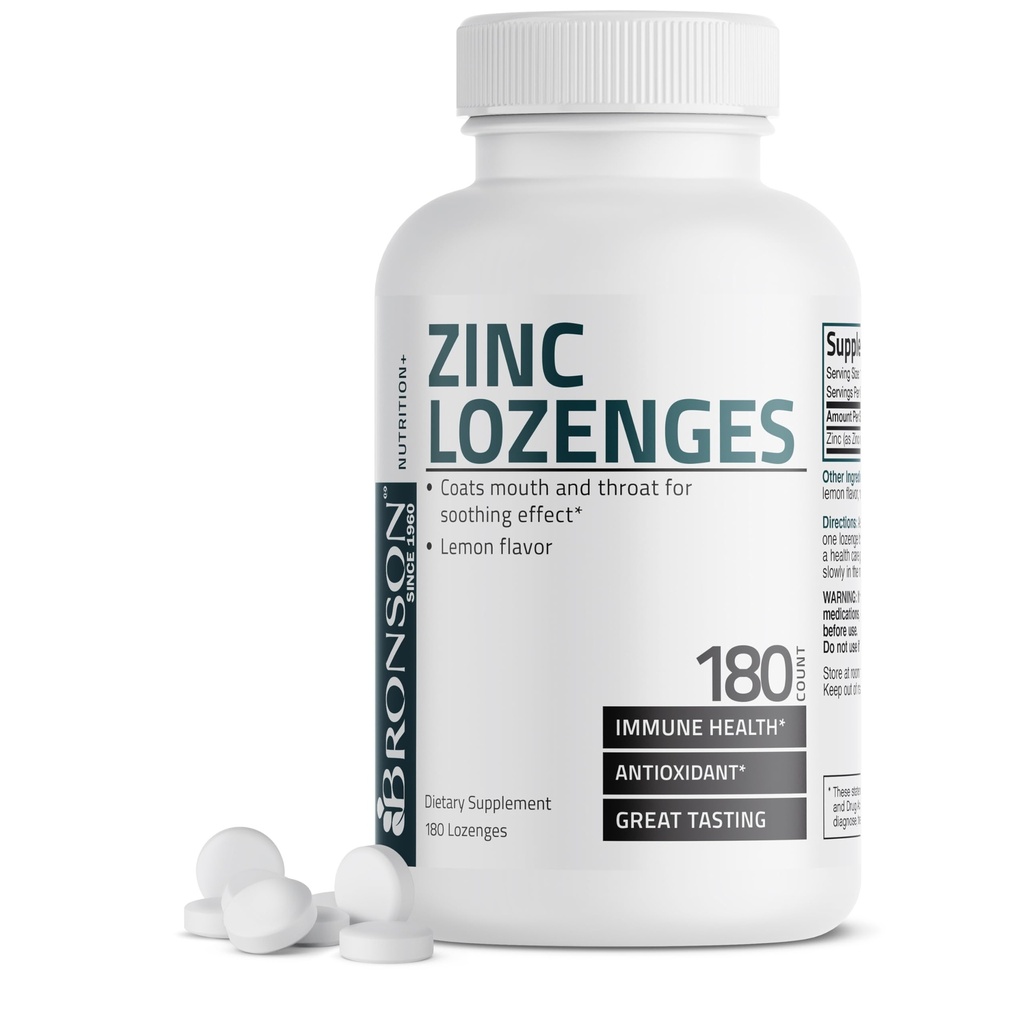 Bronson Zinc Lozenges Antioxidant & Immune Support Supplement Lemon Flavored, 180 Chewable Tablets