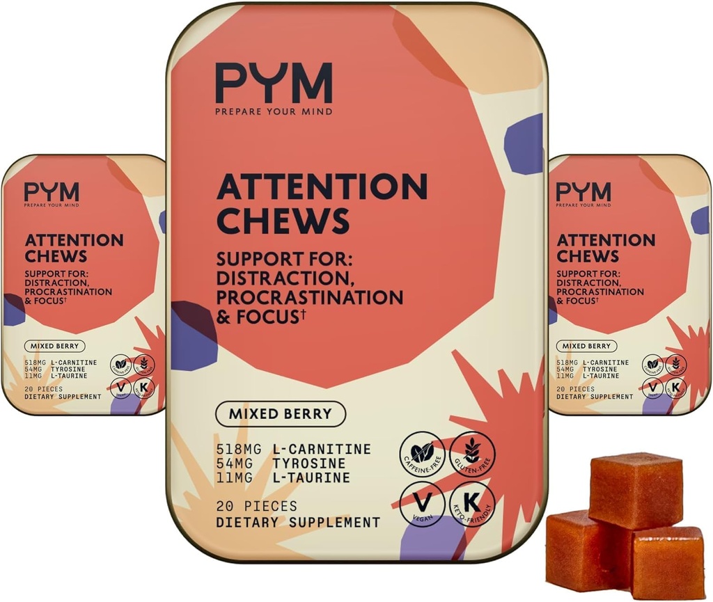 PYM Attentie Kauwt Ondersteuning voor Procrastinatie, Focus & Productiviteit, 60 Count 
