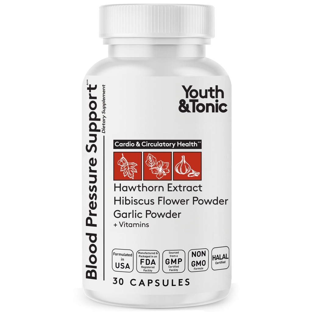 Youth & Tonic Natural Blood Pressure Support Supplement w/Hawthorn Hibiscus & High Potency Diured Herbs & Vitamins for Water Rethousiate 