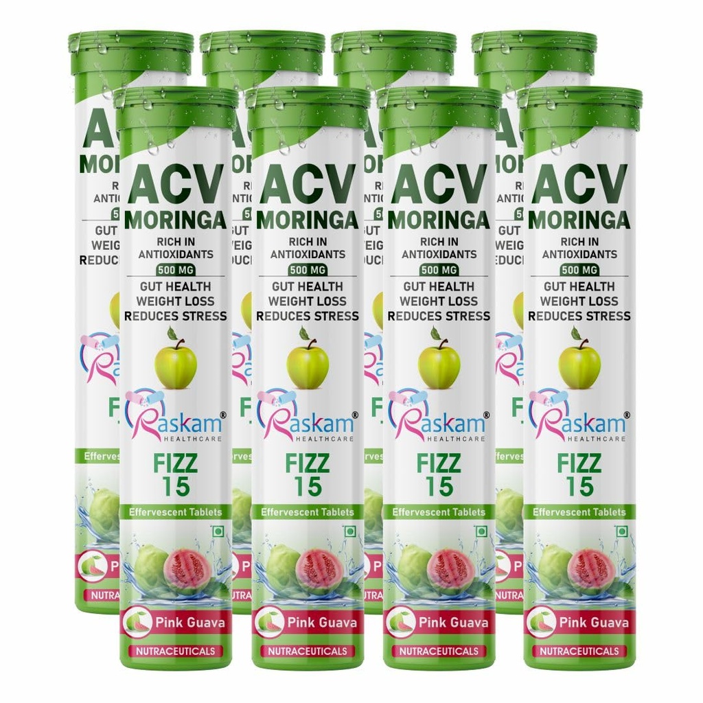 Apple Cider Vinegar (ACV) Moringa Effervescent Tablets 500mg – Guava Flavor, No Added Sugar, Antioxidant Immunity & Appetite Support – 15 Fizz Tabs (Pack of 8)
