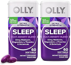 OLLY Ultra Sterkte Slaap Softgels, 10mg Melatonine, L-Theanine, Kamille, Magnesium, Citroen Balsem, Ondersteunt diepe rustgevende slaap, nachtelijke slaaphulp, Non Habit-Forming, 60 Tellen (pakket van 2)