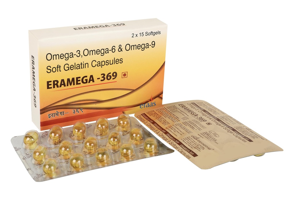 ERAAS Eramega 369 Omega 3 High Strength Pure Fish oil for Heart, Brain & Joints Fish Oil 300 mg Omega 3 200mg Omega 6 100 mg Omega 9 with EPA & DHA | Pack of 30 Softgel Capsules