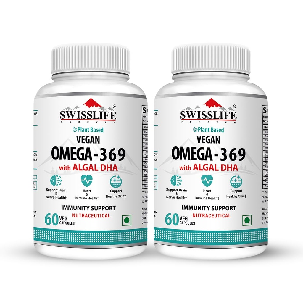 Swisslife Forever Omega 3-6-9 Vegan Supplement | Plant-Based Algal Oil | Supports Heart, Brain, Eye, Skin, Hair, Muscle & Bone Health | Natural Nutrition for Men & Women | 60 Veg Capsules (Pack of 2)
