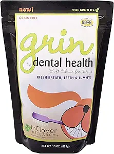 In Clover Natural Dental Treat, Grin, Fresh Breath Dog Chew Treat with Prebiotics, Fresh Breath Tartar Control, Daily Chew Supplement for Dogs Supports Dog Gums and Teeth