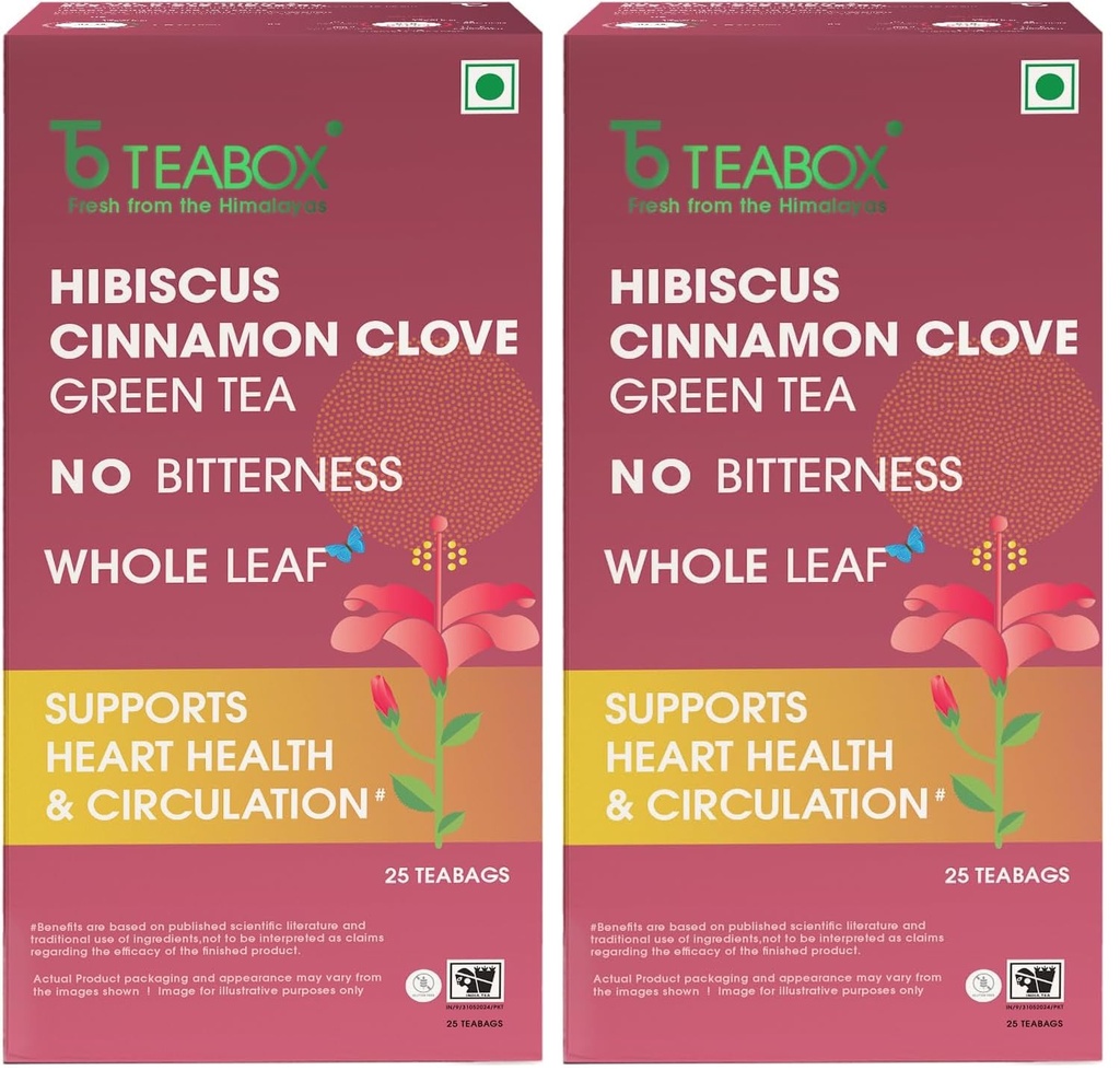 Teabox Hibiscus Cinnamon Clove Green Tea | 25 Tea Bags | Natural Green Tea Infused with Hibiscus, Clove & Cinnamon | Soothing & Spicy Floral Blend (Pack of 2)