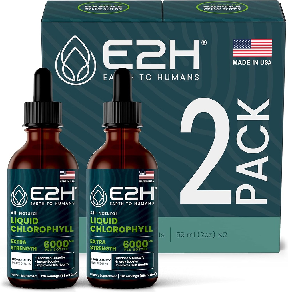 E2H Chlorofyl Liquid Drops - Energy Booster, Digestie, Immuun System Support en interne deodorant - Veganistisch - Glutenvrij - Non-GMO - (2 flessen)