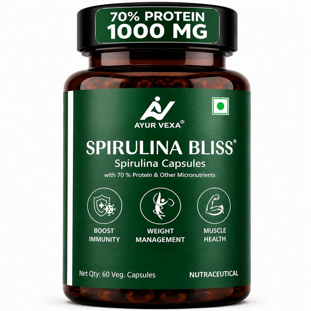 Spirulina Bliss | Certified 100% Organic Pure Spirulina 1000mg | 70% Plant Protein with Phycocyanin, Chlorophyll & Beta Carotene | Immunity, Energy & Detox | 60 Veg Capsules