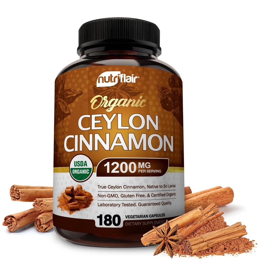 NutriFlair Biologische Ceylon kaneel (100% Certified Organic Ceylon Cinnamon) 1200mg per portie, 180 Capsules - Gewrichts, Ontvlammingsmiddel, Antioxidant