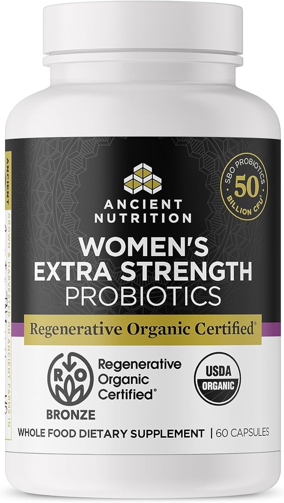 Ancient Nutrition Regenerative Organic Certified Probiotics for Women, Probiotics Womens Extra Strength, Healthy Digestion and Immuun System Function Support, 25 Miljard CFUs* Per Serving, 60 Tellen