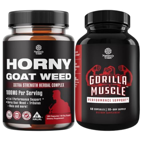 Bundle of Horny Goat Weed with Black Maca Root, Tongkat Ali, Saw Palmetto & Panax Ginseng Extract for Stamina & Energy and Extra Strength Testosterone Booster - Muscle Enlargement Supplement for Men