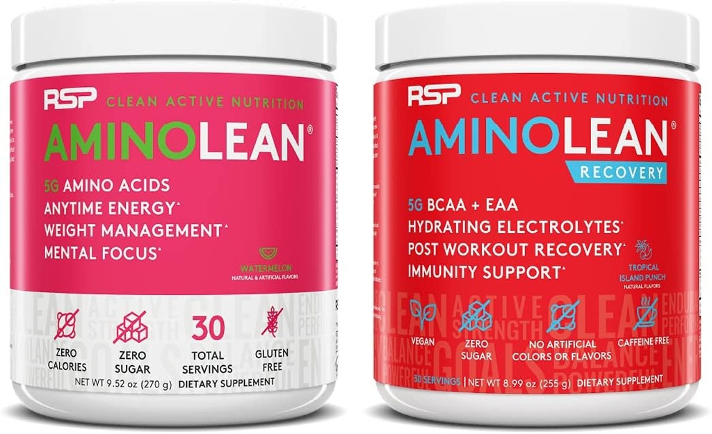 RSP NUTRITION AminoLean Pre Workout Energy (Watermelon 30 Servings) met AminoLean Recovery Post Workout Boost (Tropical Island Punch 30 Servings)