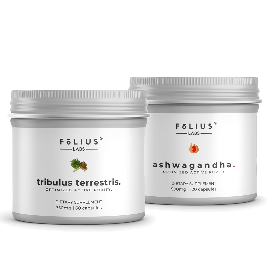 FOLIUS LABS Clean Label Tribulus Terrestris + Ashwagandha 7.5% Herbal Supplement Combo | Stress Relief Support, Natural Mood Support and Energy Support Supplement - 120+60 Capsules