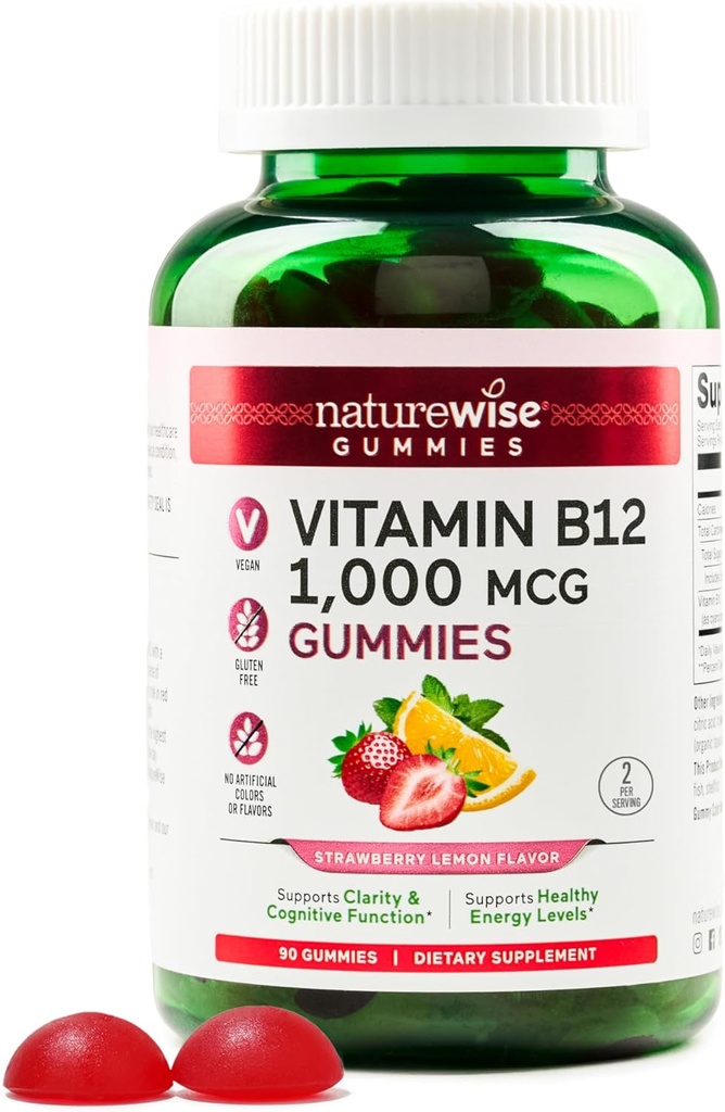 NatureWise Vitamine B12 Gummy's voor volwassenen, 1000 mcg - Aardbeicitroensmaak - Ondersteunt dagelijkse energie, geestelijke helderheid, cognitieve functie - Veganistisch, Glutenvrij, Non-GMO - 90 Count[45-Day Supply]