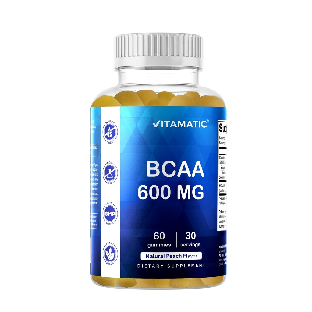 Vitamatic BCAA Gummies - Branch Chain Amino Acid Supplementen - Perzik smaak - 600 mg per portie - 60 Vegan Pectin Based Gummies (1 fles)