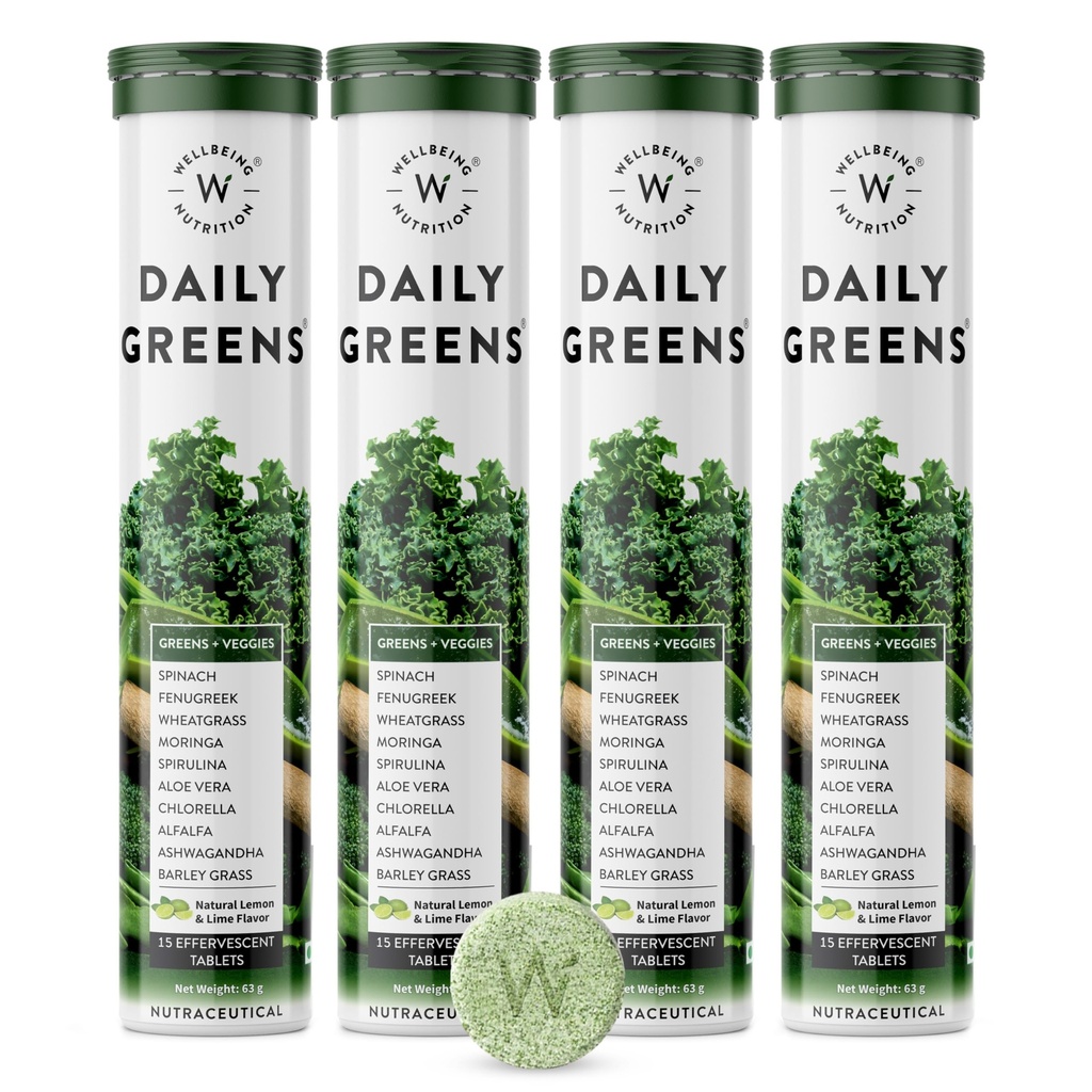 Wellbeing Nutrition Daily Greens | Wholefood Multivitamins with Vitamin C, Zinc, B6 for Immunity & Detox with Organic Certified Plant Superfoods & Antioxidants (15 Effervescent Tablets) Pack of 4