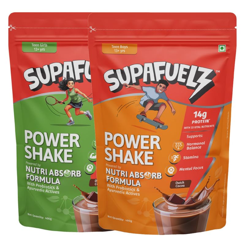 Power Shake Teen Boys + Teen Girls 13+ Yrs (2 x 400g) | Combo Pack |Height & Strength Drink | 14g Protein, 33 Nutrients, Probiotics & Ayurvedic Actives | Daily Nutrition Drink supports Height, Strength & Focus | Chocolate 800g | Safe Nutrition Drink For Teens