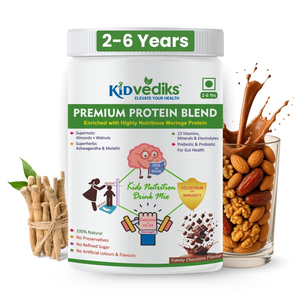 Kidvediks Kids Protein Powder for 2–6 Years (350g) | Nutrition Drink Mix | Health Drink for kids - 23Vitamins & Minerals ,DHA, Moringa, calcium,zinc| No Refined Sugar, Artificial Flavours or Preservatives| Chocolate Flavour | Super Food | Supports Healthy Growth & Immunity Booster| With Almonds, Walnuts, Ashwagandha & Mulethi