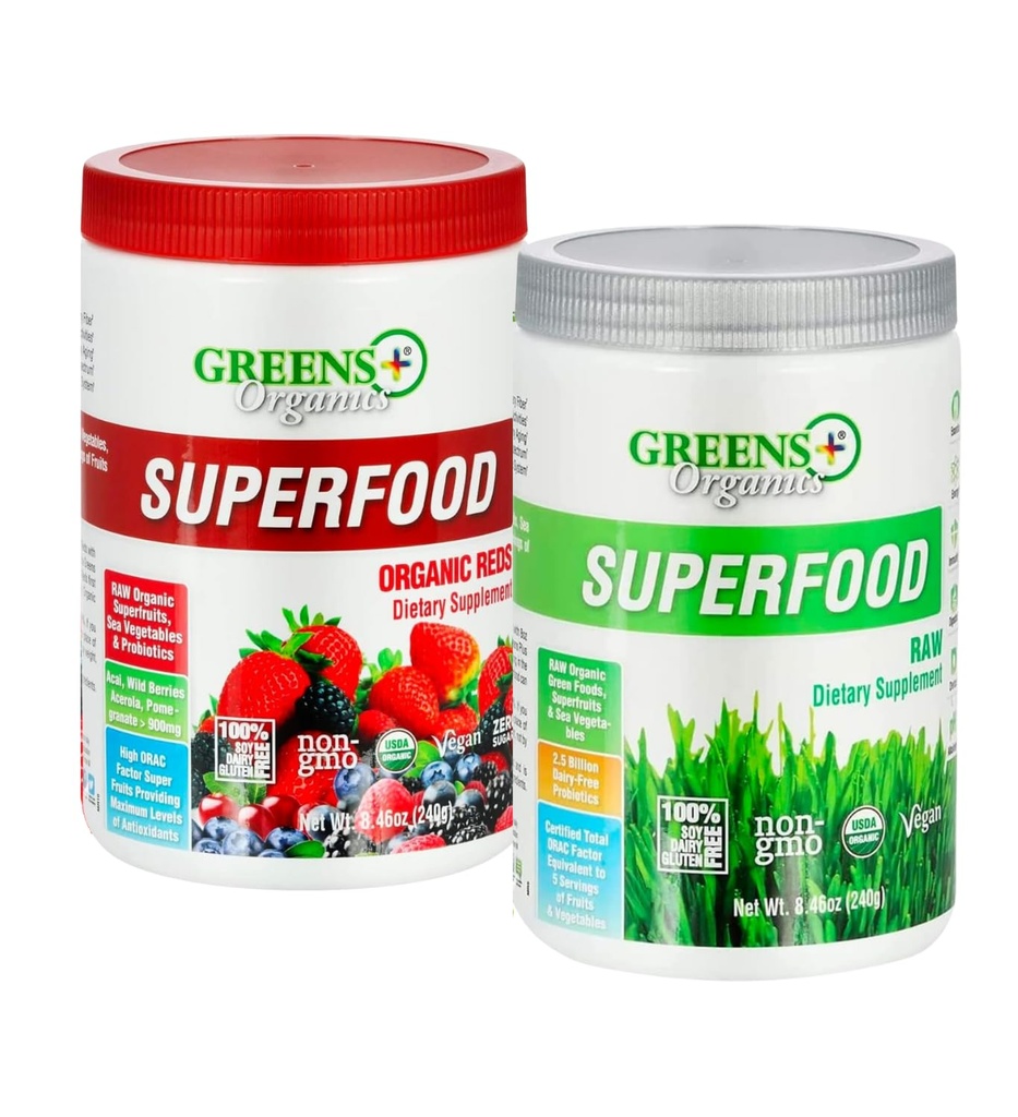 Greens+ Organic Reds Superfood Powder Biologische RAW Superfood Powder Immune Support Energy Boost, Nutrition, Vibrant Health, Dietary Supplement, Vegan, Soy/Dairy/Gluten Free