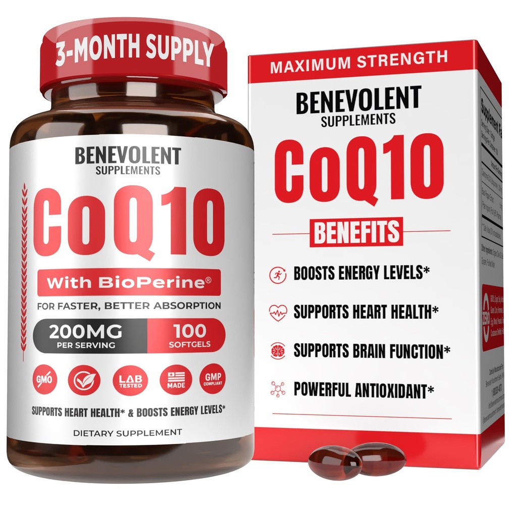 Benevolent Pure CoQ10 200mg Softgels met BioPerine® voor Max Absorptie, Ubichinon CoEnzyme Q10 Supplement voor Hartgezondheid, Energieproductie, Gezonde Veroudering & Antioxidant Ondersteuning, 100 Softgels