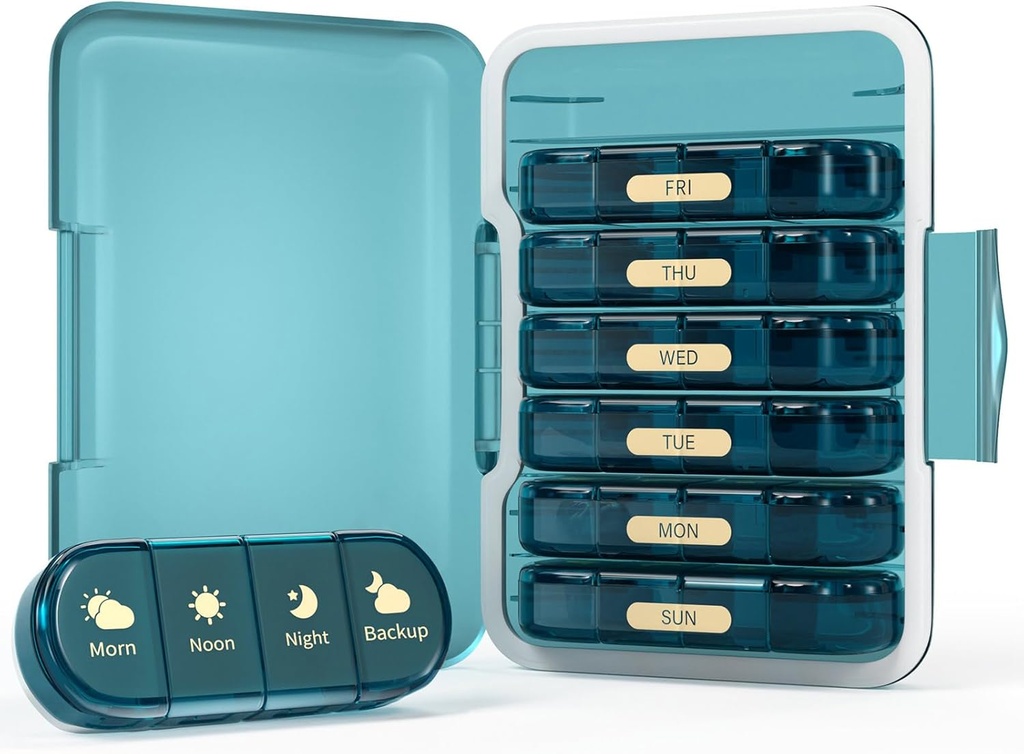 Wekelijkse pil Organisator 4 keer per dag, 7 dagen pil Box 4X, Portable for Travel Pill Case for Pillen/Vitamine/Vish Oil/Medication/Suplements (4x7 Blue)