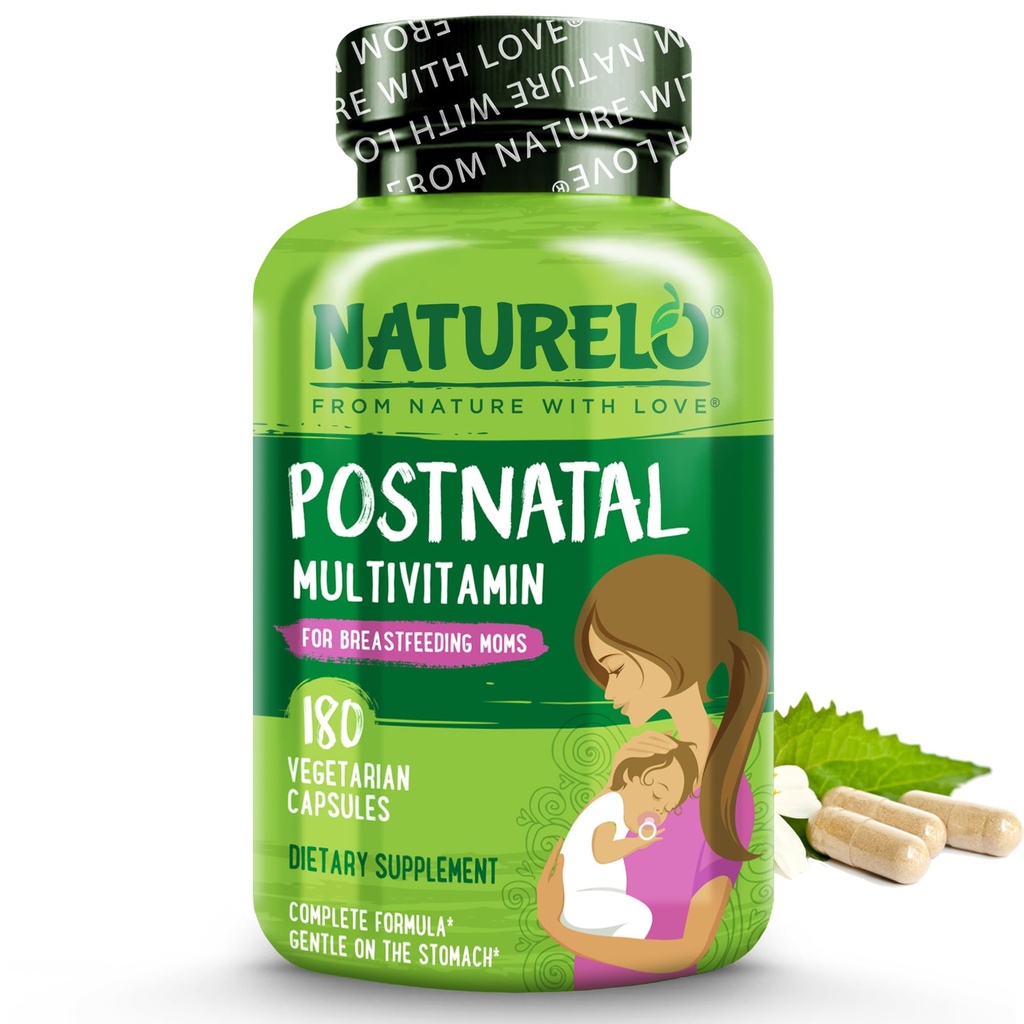 NATURELO Postnatal Multivitamin - Supplement for Breastfeeding Women - Plant-Based Vitamin D, Folate, Gentle Iron - for Nursing Mother, Baby - Post Natal Lactation Support 180 Capsules