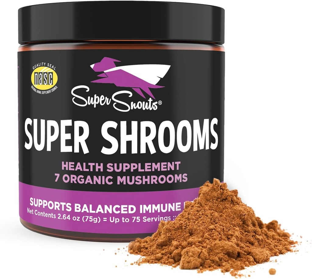 Super Snouts Super Shrooms Mushroom Immune Support Supplement voor honden en katten, 2.64 oz - Made in USA Biologische Non-GMO, Immune Health for Strong Immunity, 7 Mushroom Blend Powder