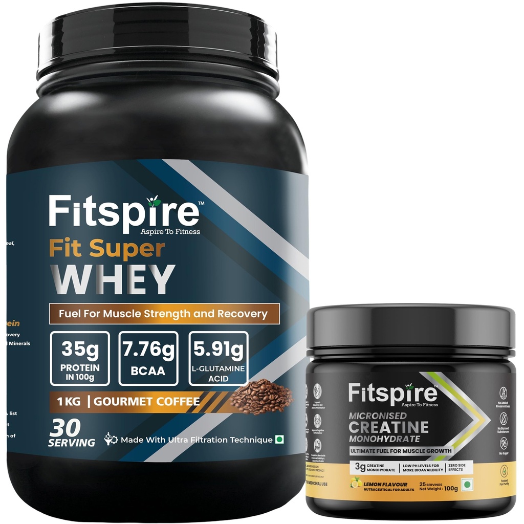 Fitspire Coffee Whey Protein- Creatine Monohydrate Combo- Daily Protein & Workout Performance Combo - Coffee Protein Powder with Digestive Enzymes - Lemon Creatine- No Added Sugar