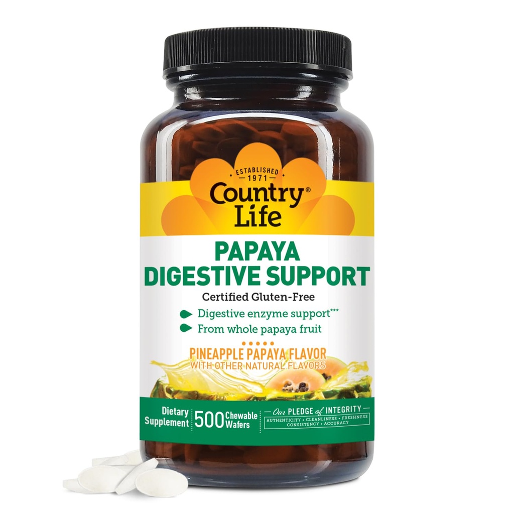 Country Life Kauwbare Papaya Enzymen voor Digestie Ondersteuning - Natuurlijke Ananas & Papaya Smaak, Assists met Nutriënt Absorptie, Bevat Papaïne & Protease - 200 en 500 Wafers beschikbaar