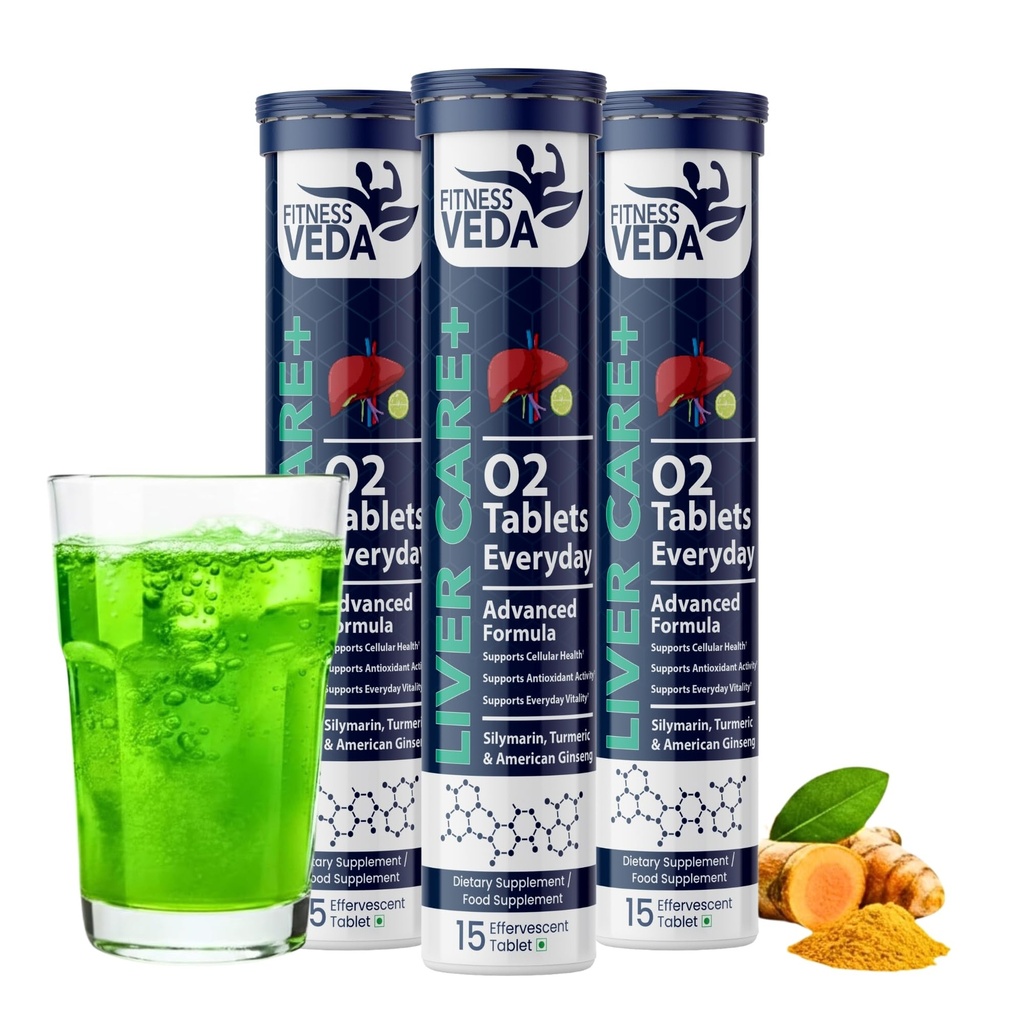 Fitness Veda Liver Detox Effervescent- Pack of 3 (15x3) | Fatty Liver Health Supplement | Milk Thistle With American Ginseng | Drop, Dissolve, Fizz & Drink | Advanced Ayurvedic Formula for Liver Health – 15 Tablets Each