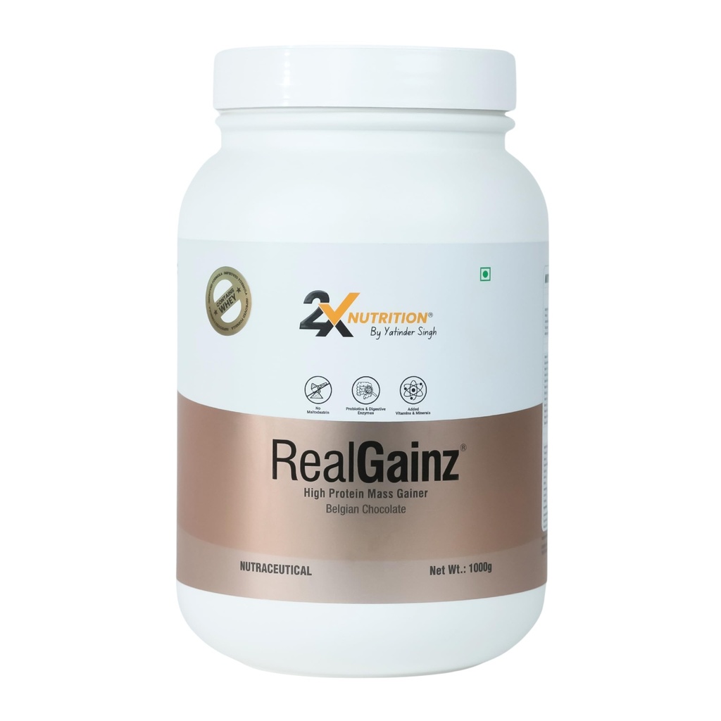 REALGAINZ by 2X Nutrition | High-protein mass gainer | 78g Carbs per serving | High protein (26g) Natural weight gain | Build lean muscle mass | contains digestive enzymes (1Kg, Belgian Chocolate)