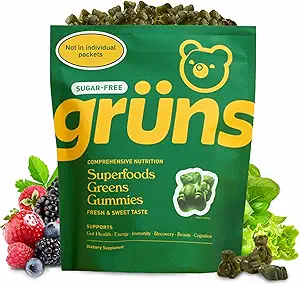 Gruns Adult Sugar-Free Super Greens Gummies - Superfood Gummy Bears with Spirulina, Chlorella, Fiber & Prebiotics for Digestive Health, Adaptogen Supplement with 20 Vitamins & Minerals, 2 Week Supply