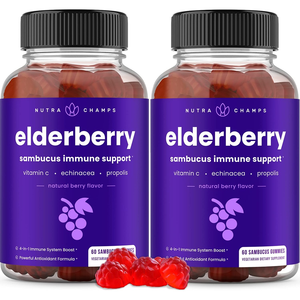 NutraChamps Vlierbessen Gummies, Sambucus Vlierbessen Gummies voor volwassenen en kinderen, Vitamine C, Propolis en Echinacea, Max Strength Immune Support Gummies, Natural Berry Flavor, 120 Gummies (pakket van 2)