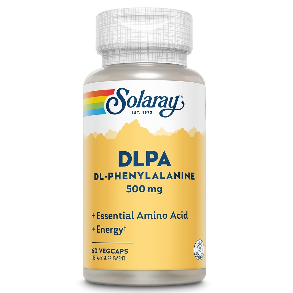 SOLARAY DL-Phenylalanine Capsule Supplements - 500mg DLPA, 50-50 Blend of Essential Amino Acids for Nervous System & Energy Support, for Men and Women - 60 Count VegCaps | 500mg DLPA, 50-50 Blend of Essential Amino Acids for Nervous System & Energy Support, For Men and Women