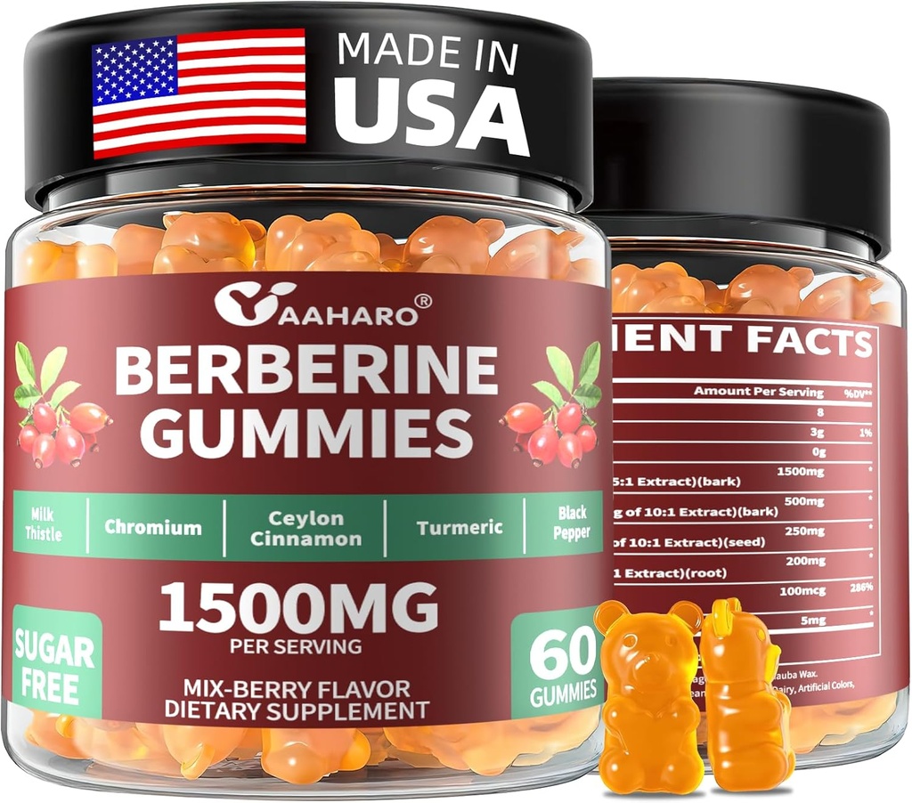 Berberine met Ceylon Cinnamon Gummies - 1500mg Berberine HCI Supplement met Chroom,Kurkuma en Melkdistel - Immune Support - voor vrouwen en mannen - 60 Suikervrije Gummies