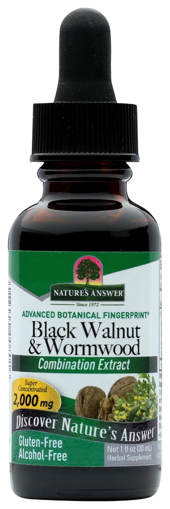Natures Antwoord Zwarte Walnoot en Wormhout 1 oz 30ml 200mg. Extract, vloeibaar,promotes spijsvertering, vegetabel Glycerine en gezuiverd water