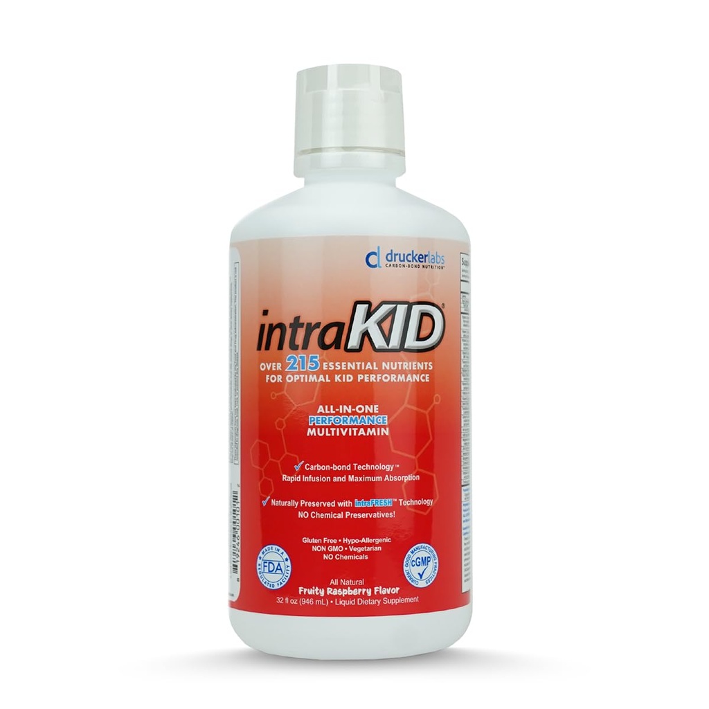 Drucker Labs Organic Liquid Multivitamine for Kids, Immune Support, Non GMO, Dairy Free, Glutenvrij, Magnesium, Vitamine A,C,E, Zink, (32 oz., Fruity Raspberry)