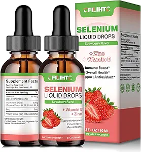 Selenium Liquid Drops - 200mcg Liquid Selenium Supplement met vitamine B Complex & Zink - Ondersteuning voor Immune System, Antioxidant & Heart Health, Hoge Absorptie - Aardbei smaak, 2 Fl Oz