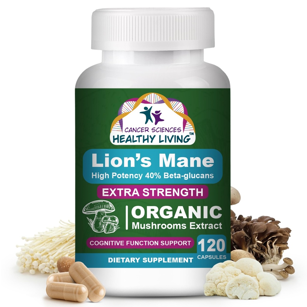 Cancer Sciences Organic Lions Mane Mushroom Supplement Capsules for Men & Women - 1.500mg Brain Supplements for Memory & Focus - High Potency 40% Beta-Glucans - Nootropic Mushroom Complex, 120 Count