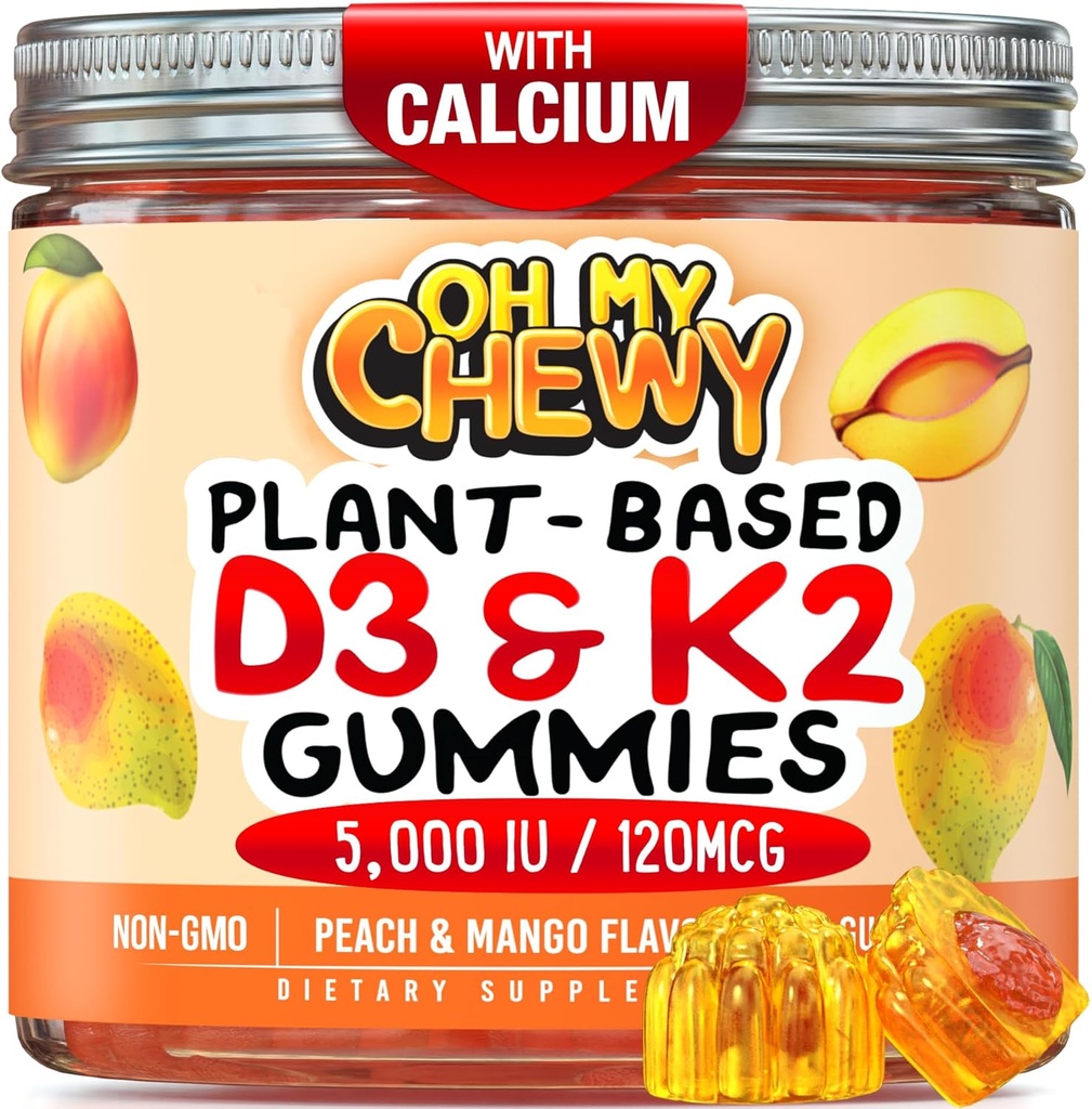 Center-Filed Vitamin D3 K2 Gummies - Kids, tieners & volwassenen - Supplement for Healthy Teeth, Bone, Energy & Immunity - 5000 IE D3, 120 mcg K2(MK-7), 120 mg Calcium - Vegan & Non-GMO - 60 Tel.