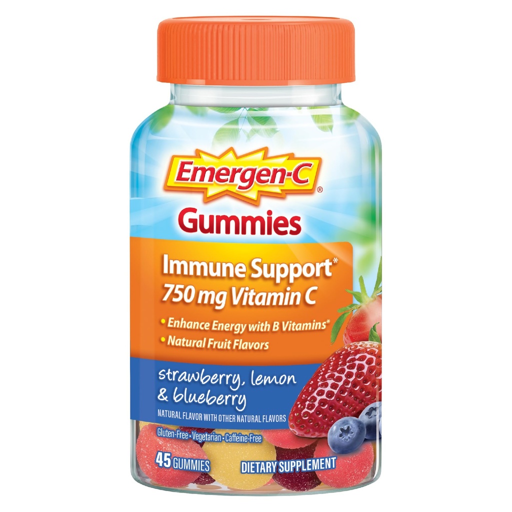 Emergen-C 750mg vitamine C Gummies voor volwassenen, Immune Support Gummies, Glutenvrij, Aardbei, citroen en bosbessen smaken - 45 Tellen
