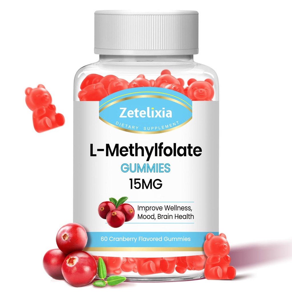 L-methylfolaat 15mg & Methyl B12 Gummies, Folaat Supplement for Brain Health, Mood & Immunity, DNA Synthesis & Repair, Sugar Free, Vegan, Cranberry Flavor, 60 Tel.