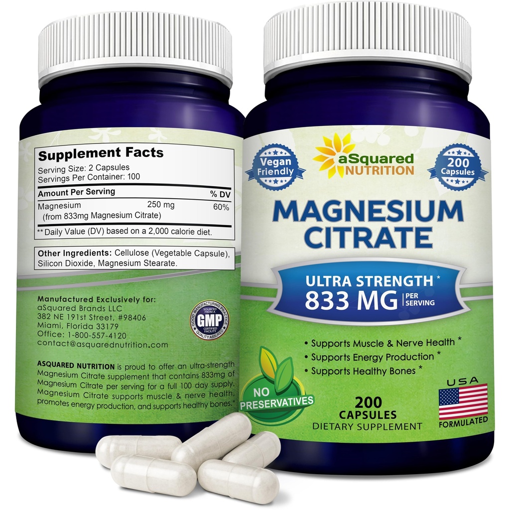aSquared Nutrition Magnesium Citrate 833mg Supplement - 200 Capsules - Max Strength Vegan Mag Citrate Powder Pills to Support Pure Function of Muscles, Heart & Bones - Helps Increase Energy