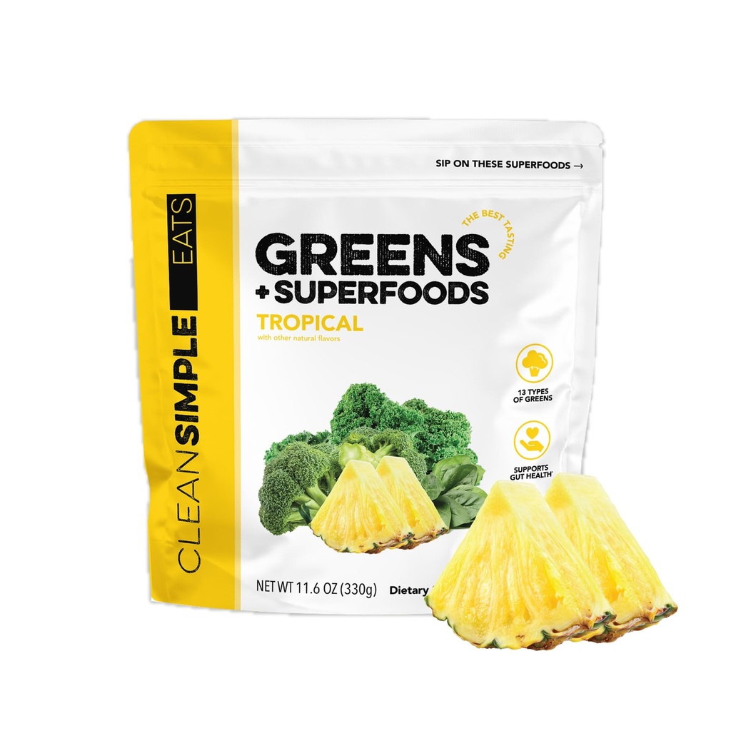 Clean Simple Eats Super Greens Powder, natuurlijk Flavored Greens Powder met Chlorella, Spirulina, Superfoods & Prebiotic Fiber, Geen kunstmatige ingrediënten, Glutenvrij, Tropische Groenen smaak, 30 Srvg