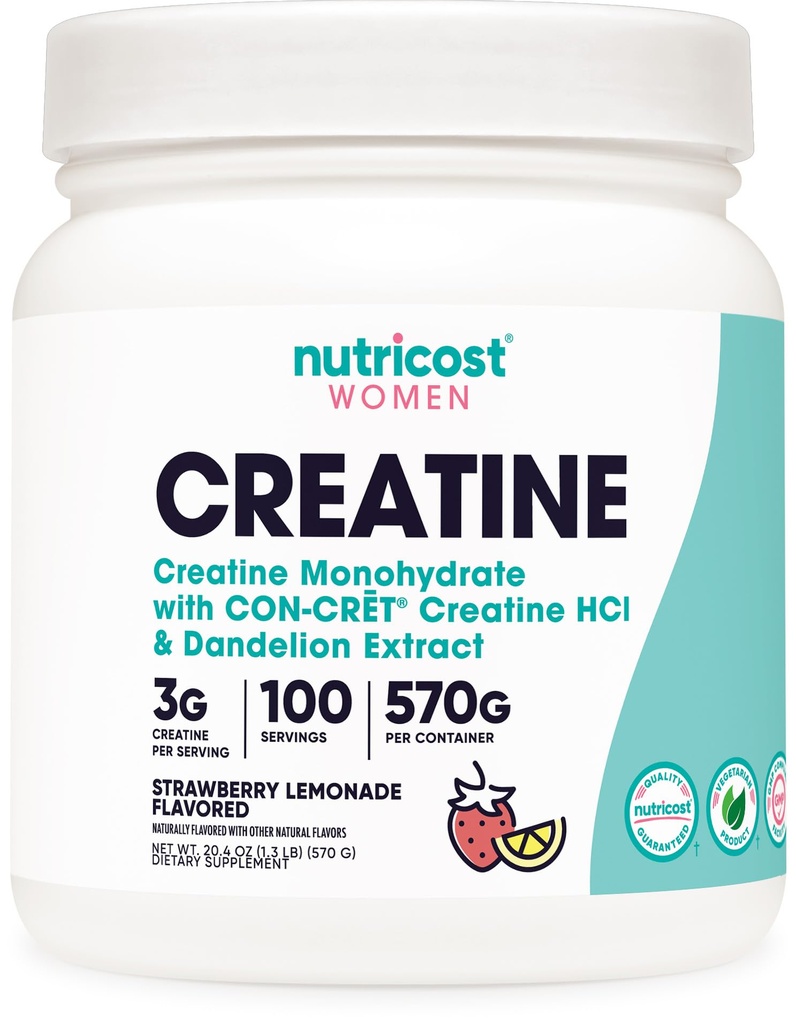 Nutricost Creatine Monohydraat Poeder voor Vrouwen, Microniseerd, Aardbei Limonade, 100 porties - Vegetarisch, Niet-GMO, Glutenvrij