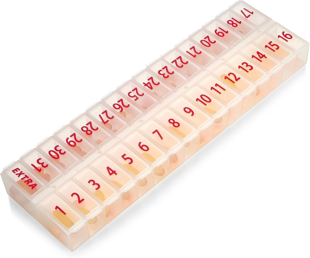 Grote pil Organizer Maandelijks 32 Compartiments - 30 Dag pil Organisator 1 keer per dag, Grote Compartiment Box voor Medicijnen, BPA-vrije Plastic, Verwijderbare deksel voor gemakkelijk laden van medicijnen, Vitaminen, Clear