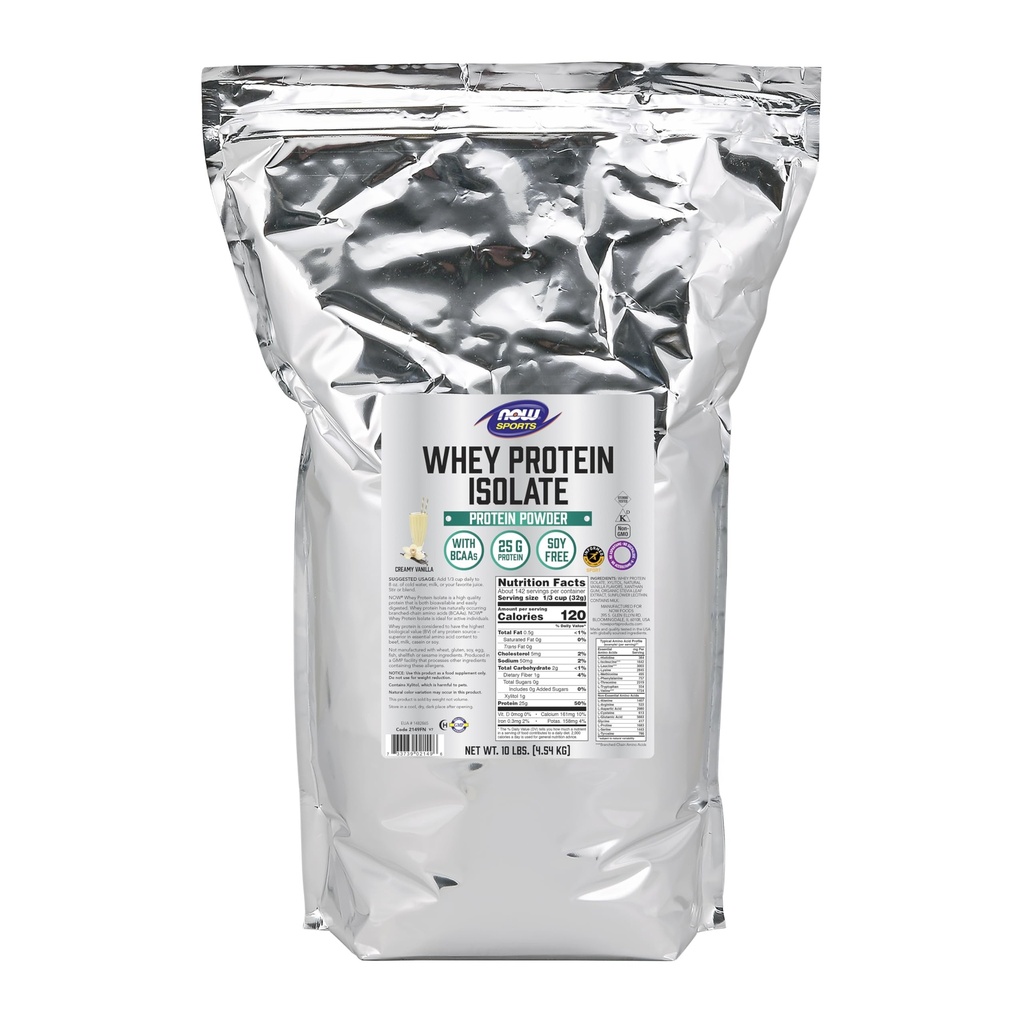 NOW Foods Sports Nutrition, Wei Protein Isolaat, 25 g met BCAA's, Romige Vanille Poeder, 10-Pond