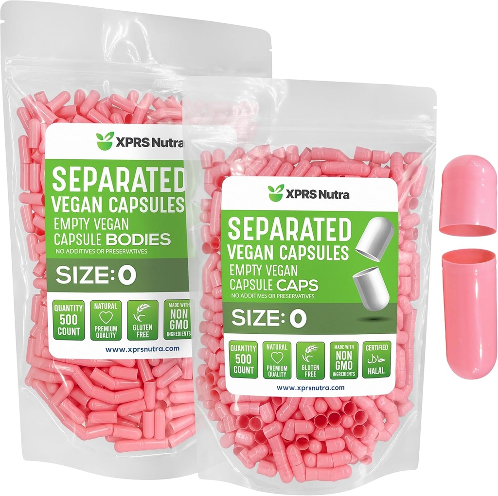 XPRS Nutra Vegan Maat 0 Gescheiden Capsules - 500 Tel Premium Lege Capsules Gescheiden in zakken - Pillen 0 Leeg voor DIY supplement vullen (Roze)