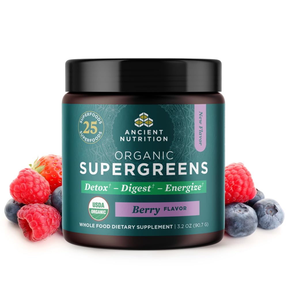 Ancient Nutrition SuperGreens Powder with Probiotics, Organic Berry Flavor Greens, Made from Real Fruits, Vegetables and Herbs, Digestive and Energy Support, 12 Servings, 3.2oz