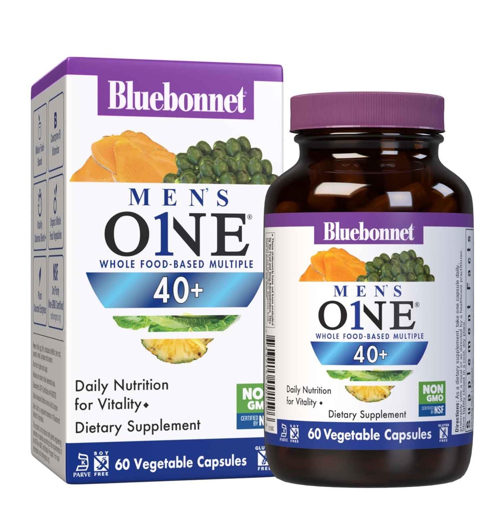 Bluebonnet Nutrition Mens' ONE 40+ Whole Food Based Multiple, Men Multivitamine voor mannen 40+, Soy-Free, Non-GMO, Glutenvrij, Kosher, 60 plantaardige capsules, 60 porties